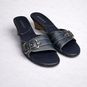 Aerosoles Navy Leather Slide Wedge Sandals Buckle Size 7.5M